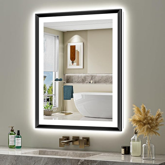 36x30 Black Framed LED Bathroom Mirror with Lights, Backlit and Front Light, Lighted Bathroom Vanity Mirror for Wall Dimmable Anti-Fog Memory Tempered Glass Horizontal/Vertical
