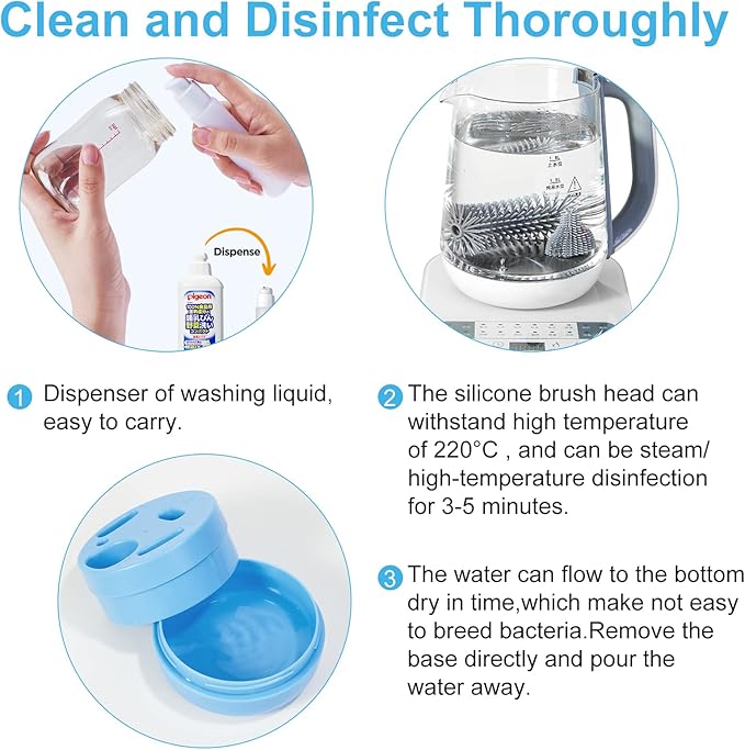 Travel Baby Bottle Brush Set with Extendable Silicone Bottle Brush，Nipple Brush,Staw Brush,Baby Bottle Soap Dispenser,Gift for Newborn Mothers, Suitable for Travel and Home(Cobalt Blue)