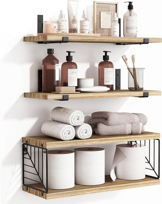 Fixwal Bathroom Floating Shelves Over Toilet, 15.8in Farmhouse Rustic Wood Shelves, Wall Decor for Bathroom, Living Room,Bedroom and Kitchen (3 Plus 1 Tier Rustic Brown)