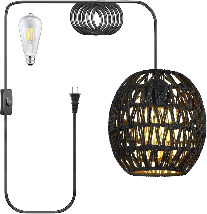 SLYYMY Plug in Pendant Light, 15FT Hemp Rope Cord, Hanging Lamps Rattan Pendant Light, On/Off Switch Hanging Lights for Bedroom Living Kitchen Black