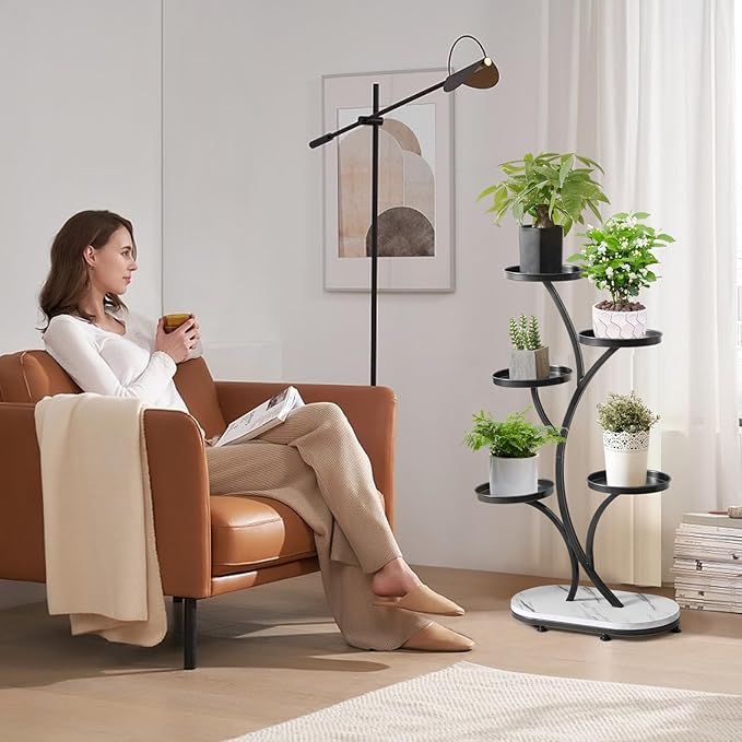 Black 5 Tier Wood Metal Tall Shelf Multiple Plant Holders Plant Stand for Indoor, Outdoor, Corner, Living Room, Balcony, and Bedroom