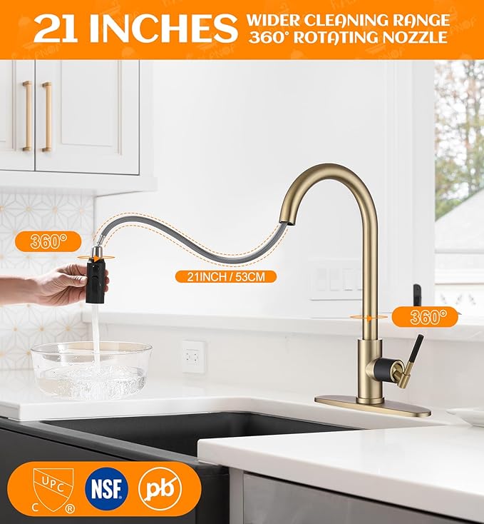 Gold Kitchen Faucet -High Arc Single Handle Stainless Steel Kitchen Sink Faucet with Pull Down Sprayer- 3 Spray Modes，1.5GPM High Flow Modren Sink Faucets for Rv Farmhouse Bar