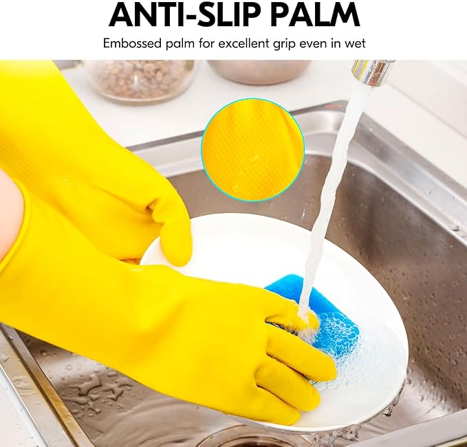 Vgo... 2-Pairs Reusable Household Gloves, Rubber Dishwashing gloves, Extra Thickness, Long Sleeves, Kitchen Cleaning, Working, Painting, Gardening, Pet Care (Size S, Yellow, HH4601)
