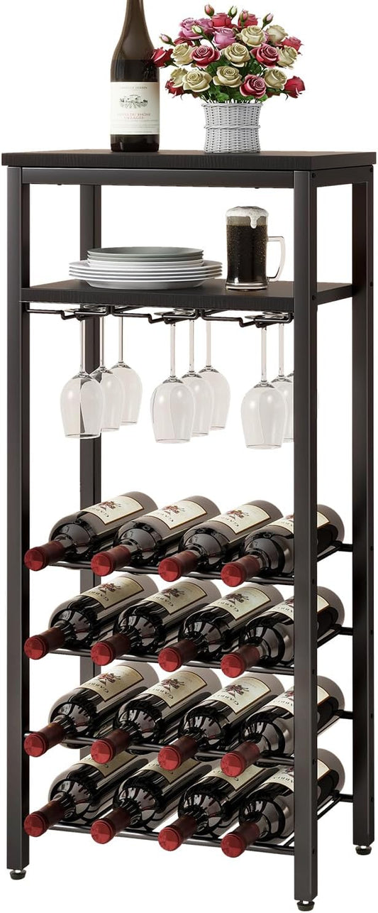 IBUYKE Wine Racks Freestanding Floor,Liquor Bottle Holder,16 Bottles Wine Cabinet with Glass Holder,Wine Holder Display,Mini Wine Bar Table for Living Room,Kitchen Pantry,Dining Room,Black UTMJ907B