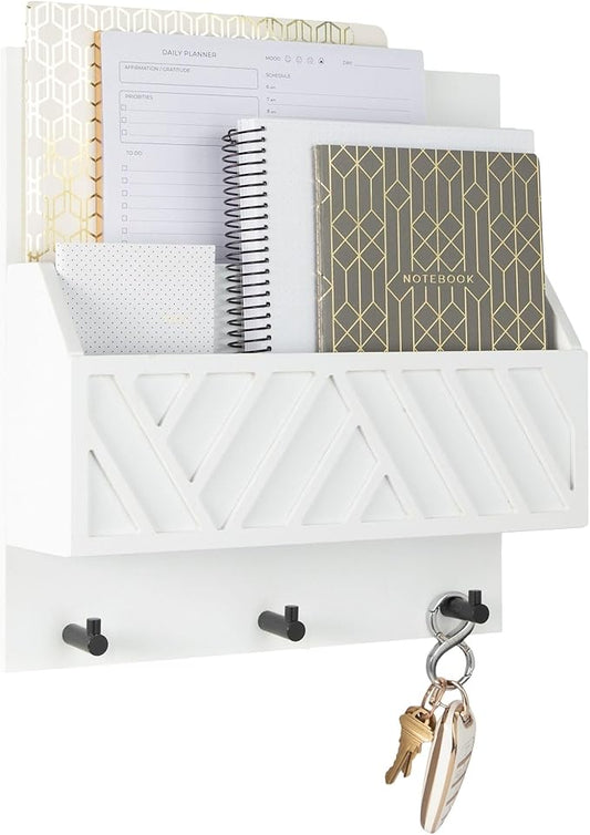BLU MONACO — Wall Mount Key Holder with Mail Organizer — Wooden Command Center with 3 Hooks and 2-Tier Letter Pockets — Entryway Mail Sorter & Key Rack — White Geometric Wall Organizer for Office Home
