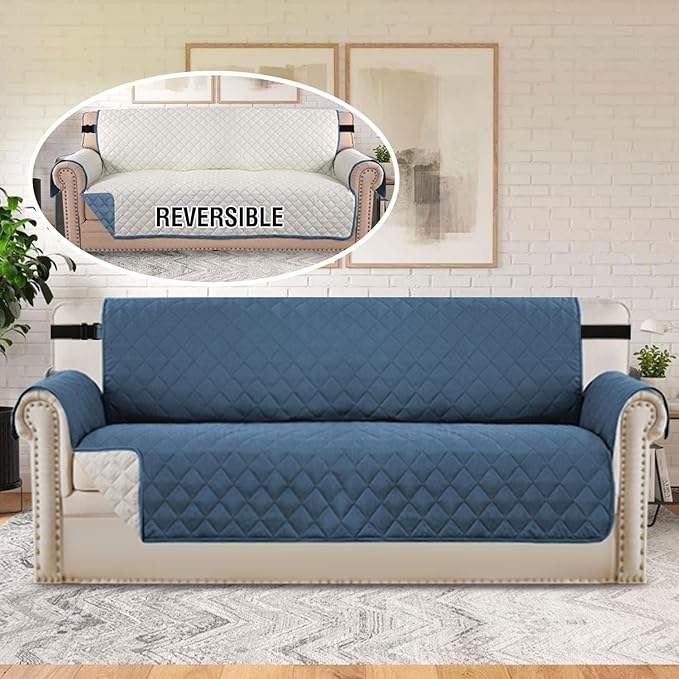 H.VERSAILTEX Water Repellent Sofa Cover Couch Cover Sofa Slipcover for Dogs Couch Protector Reversible Sofa Slipcover for 3 Cushion Couch Furniture Protector for Pets(Sofa, Dark Blue/Beige)