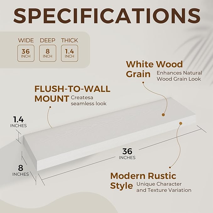 Dreamland 36 Inch Long Floating Shelves in White,8 Inch Deep Floating Shelf for Wall,Large Display & Storage Shelf, Wall Shelf for Bathroom Bedroom Living Room Kitchen Office，Set of 2