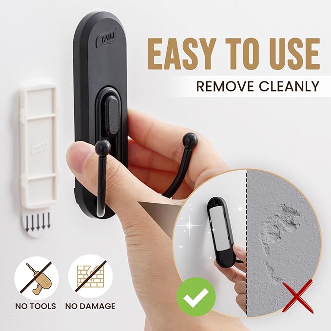 TAILI Adhesive Double Hooks for Hanging, 4 Coat Hooks & 6 Strips, Heavy Duty No-Drill Removable Large Wall Hanger for Towel, Backpack, Hat, Door,Kitchen Home Decor, Decorative Holder - Matte Black