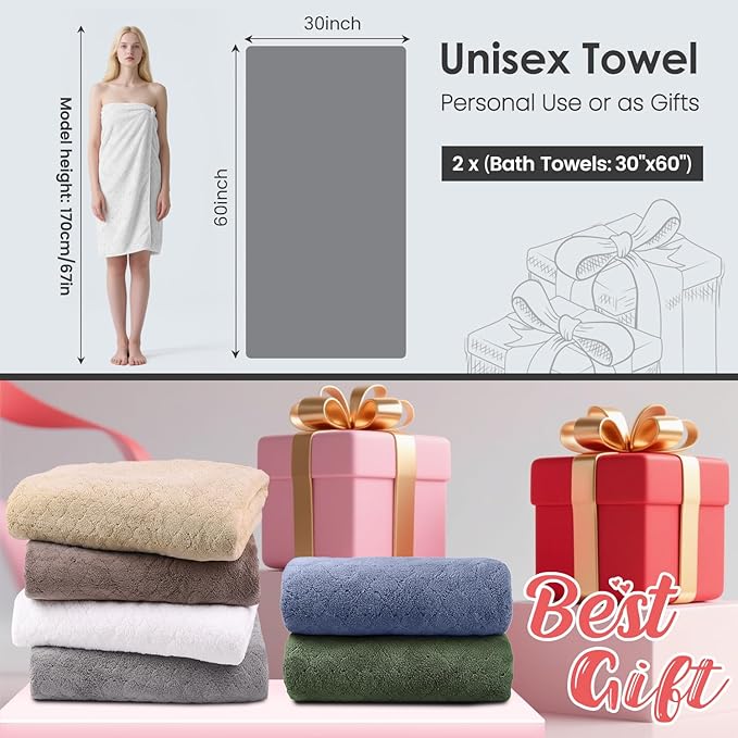 Microfiber Bath Towels Set of 2, 30 in x 60 in, Oversized, Ultra Soft, Super Absorbent, Fast Drying, No Fading Large Bathroom Towel Set for Sport, Travel, Fitness, SPA,Yoga (Coral Fleece - White)