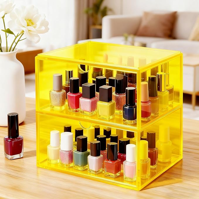 Acrylic Desk Organizer with Drawers Stackable Makeup Organizer for Vanity Office Countertop Cosmetic Display Cases Makeup Storage Box, Neon Yellow