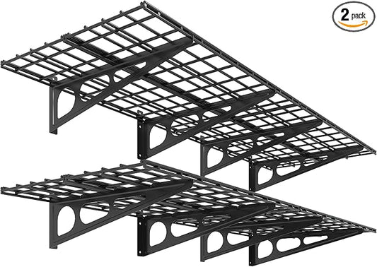 FLEXIMOUNTS 2-Pack 2x6ft Garage Shelving 24-inch-by-72-inch Wall Shelf Garage Storage Rack Floating Shelves, Black, Classic Series