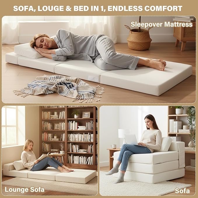 Tiita Folding Sofa Bed Chair, 4-Fold Convertible Sleeper Chair with Lumbar Pillow, Washable Cover & Side Pocket, Floor Couch Bed with Raised Seat, Single Size for Small Spaces, Beige