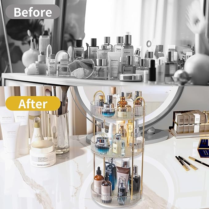 360 Rotating Makeup Organizer,3 Tier Large Capacity Make Up Organizers and Storage,Skincare Perfume Vanity Organizers,Bathroom Cosmetics Storage Organizer Countertop (Clear-3 Tier)