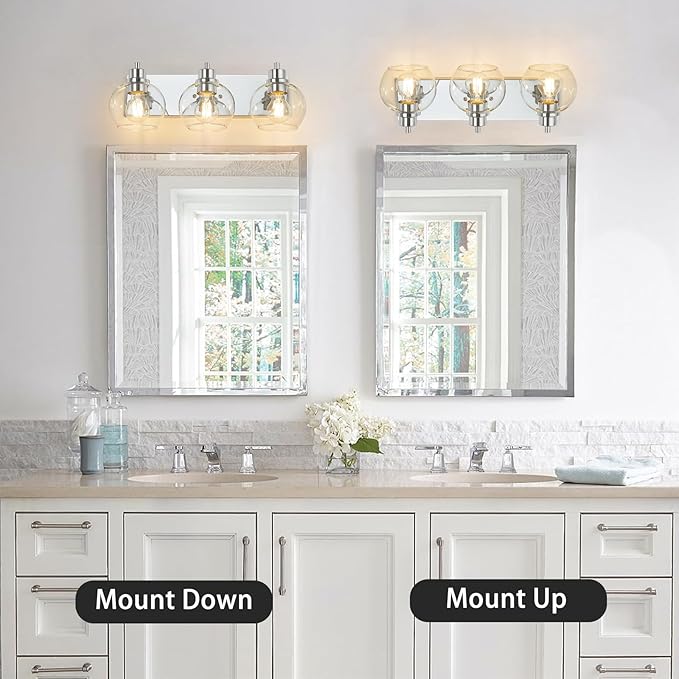 Tuscarora Chrome Vanity Light Fixture - 3 Light Bathroom Vanity with Clear Glass Shade - Light Over Mirror for Bathroom Lighting