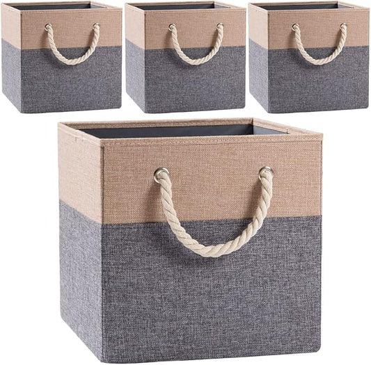 Large Foldable Cube Storage Bins 11x11 inch [4-Pack] Fabric Linen Storage Baskets Cubes Drawer with Cotton Handles Organizer for Shelves Nursery Closet Bedroom Khaki