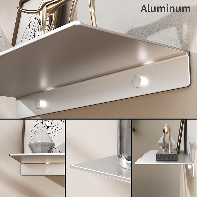 Danpoo Adhesive Floating Shelves for Wall Storage, Metal Wall Shelves, Small Bathroom Shelves Wall Mount, 8" Mini Display Shelves for Collectibles(Silver, 2PCS)