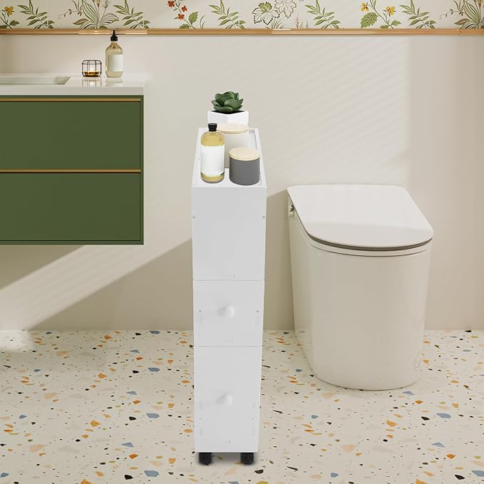 Toilet Paper Holder Stand - Narrow Floor Storage Cabinet with Drawers for Small Bathrooms - White
