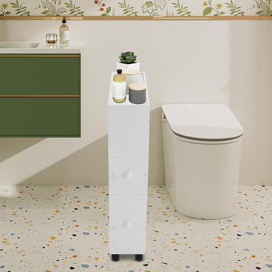 Toilet Paper Holder Stand - Narrow Floor Storage Cabinet with Drawers for Small Bathrooms - White