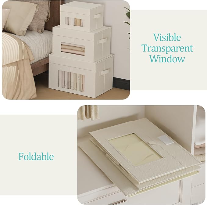 Storage Bins with Lids, Cube Organizer Basket with Window, Closet Boxes with Carrying 2 Handles and Sturdy PP Support Plate, 2 Pack, Beige, 10.2 x 7.9 x 6.7 In, XSNY17BES-2