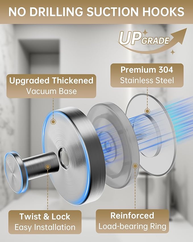 Suction Cup Hooks for Shower, Suction Cup Hooks for Door Wreaths, Robe Towel Hooks Heavy Duty for Bathroom Hanging, Windows, Kitchen, Glass, Mirror, No Drilling, 6 Pack (Silver)