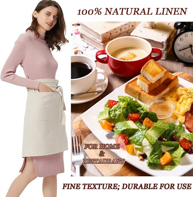 Cityelf Linen Server Apron Cotton Bistro Half Apron with Large Pockets Waist Kitchen Apron for Cooking Waitress