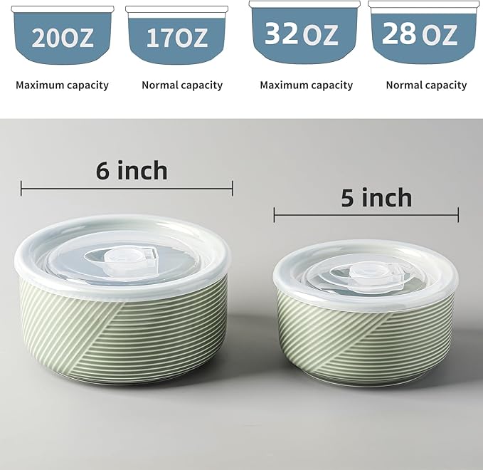 Ceramic Nesting Bowls with Lid: Microwave Safe Food Storage Containers for Work Lunch Picnic Camping Meal Prep Soup Salad Cereal Leftovers - 5 & 6 Inch, 20 & 32 oz, Set of 2, Green