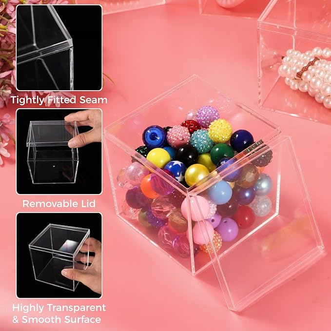 Homaisson 12 PCS Acrylic Square Cube 3 x 3 x 3 Inches, Small Clear Plastic Display Boxes with Lids, Clear Acrylic Storage Square Cube Boxes, Display Case Container for Candy Jewelry Tiny Items