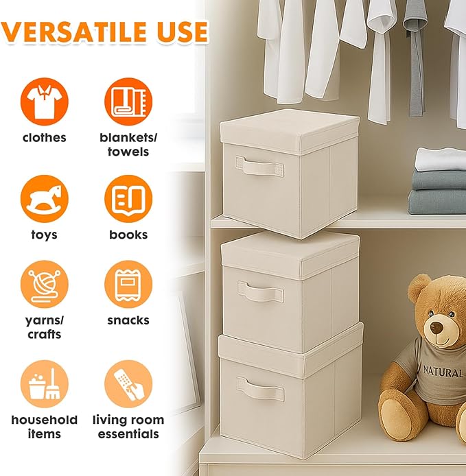 ShellKingdom Storage Bins, Foldable Fabric Storage Cubes with Lid, Clothes Storage Organizer Drawer For Closet Toys Storage, 10.5 X 10.5 X 11 INCH, 2 Pack (Beige)