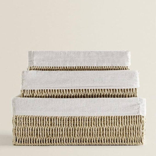 Woven Storage Baskets Set of 3 – Handmade Paper Rope Rectangular Organizer for Closet, Bathroom, Shelf & Living Room, Decorative Khaki Storage Bins for Home