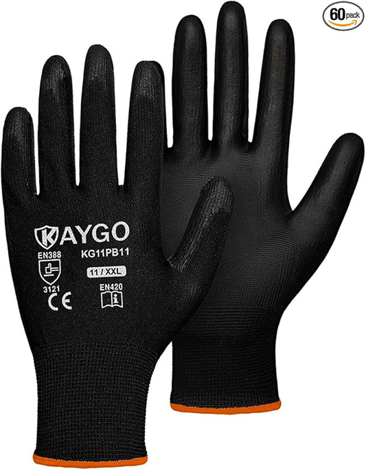 KAYGO Work Gloves for Men and Women,60 Pairs Seamless Knit PU Coated Safety Gloves, with Smooth Grip on Palm and Fingers, Ideal for Light Warehouse, Manufacturing, Gardening, KG11P (2XL, Black)