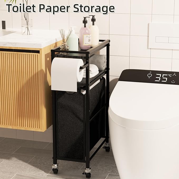 Toilet Paper Holder with Storage Bag & Wheels - Freestanding Bathroom Organizer Holds 9 Rolls for Small Spaces, Essentials Storage Beside Toilet-Black