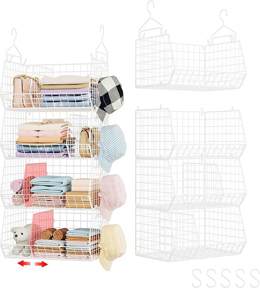 4 Tier Extra Large Hanging Closet Organizer,Closet Organizer Hanging with 5 S Hooks 4 Dividers,Clothes Organizer Clothing Sweaters Clutches Handbags Hats Accessories-White