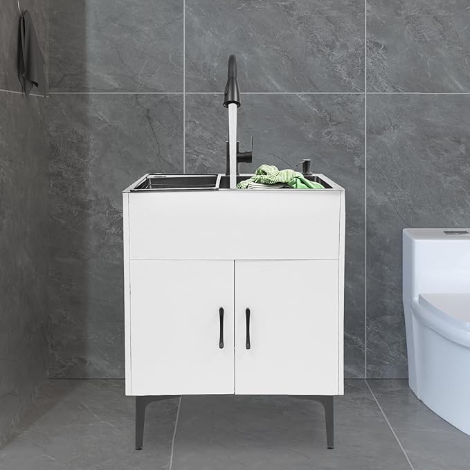 Laundry Sink Cabinet with Pull-Out Faucet, Stainless Steel Freestanding Utility Room Sink with Cabinet Utility Tub for Bathroom Laundry Room Kitchen (23.62x17.72in White)