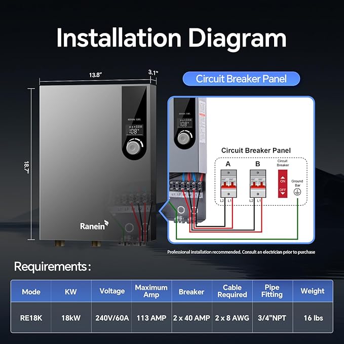 Ranein 18kW Electric Tankless Water Heater, 240V On Demand Instant Endless Water Heater with LED Temperature Display, Control Knob, Space Saving Design, Up to 4.3 GPM for Whole House Water