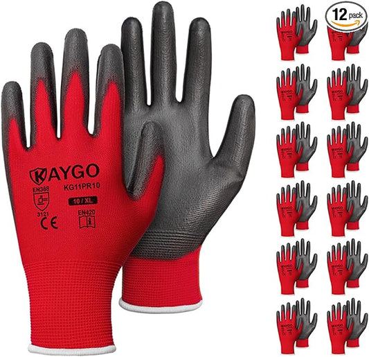 KAYGO Work Gloves for Men and Women, 12 Pairs Seamless Knit PU Coated Safety Gloves, with Smooth Grip on Palm and Fingers, Ideal for Light Warehouse, Manufacturing, Gardening, KG11P (XL, Red)