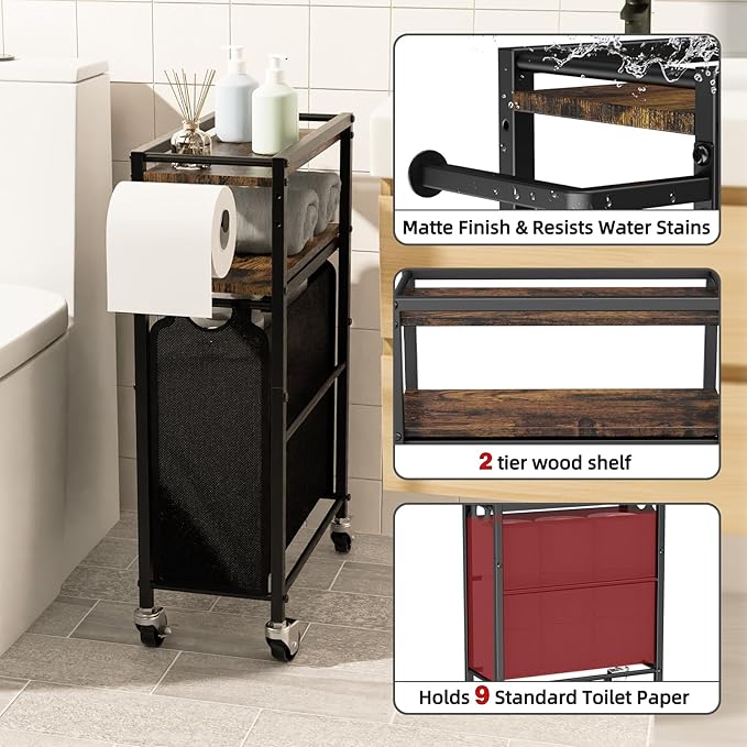 Toilet Paper Holder with Storage Bag & Wheels - Freestanding Bathroom Organizer Holds 9 Rolls for Small Spaces, Essentials Storage Beside Toilet-Brown