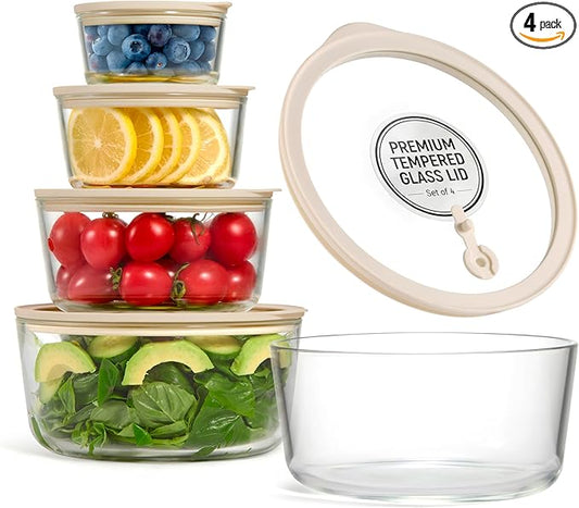Glass Storage Container Set, Borosilicate Glass, Tempered Glass Lids, Baking Pan, Airtight with Vents, Microwave, Oven & Dishwasher Safe, (Circular - Set Of 4)