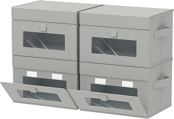 Transparent Window Storage Bin, Cube Organizer Basket with Flip-Top Lid and 2 Handles, Decorative Boxes with Cover, 4 Pack, Grey, 10.2 x 7.9 x 6.7 In, XSNY17GS-4