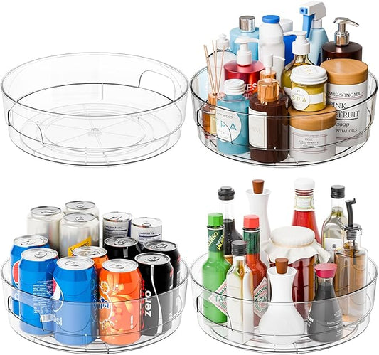 Yieach 4 Pack 12" W Clear Acrylic Lazy Susan Turntable for Cabinet,Refrigerator,Pantry and Kitchen - with Handle - Large Fridge Sauce Condiment Turn Table Organizer,Spinning Round Spice Rack Carousel