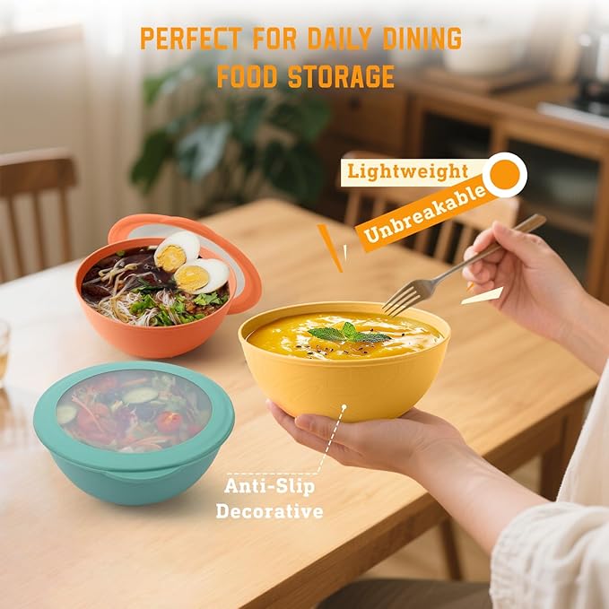 Homienly Wheat Straw Bowls with Lids Salad Bowl 40 OZ Unbreakable Cereal Bowls for Kitchen, RV, Lunch Microwave Safe Camping Bowls Dishwasher Safe Soup Bowls Reusable Food Storage Bowls Multi, 4 Sets