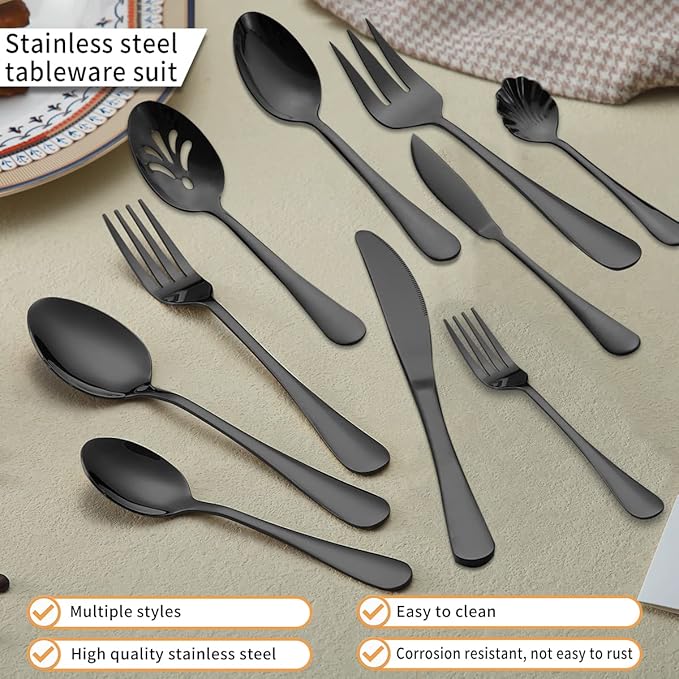 Kyraton Black Silverware Set 45 Pieces Service for 8, Titanium Black Plating Flatware Sets Cutlery Set, Spoons and Forks Silverware Dishwasher Safe, First Apartment Must Haves Utensils Set