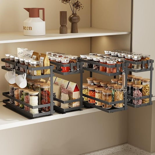 Pull Out Spice Rack Organizer for Cabinet, 4 Pack Metal Seasoning Organizer Slide Out Spice Storage Shelf No Assembly Vertical Spice Rack Pullout for Kitchen & Bahthroom No Drill(2 Tier,Black)