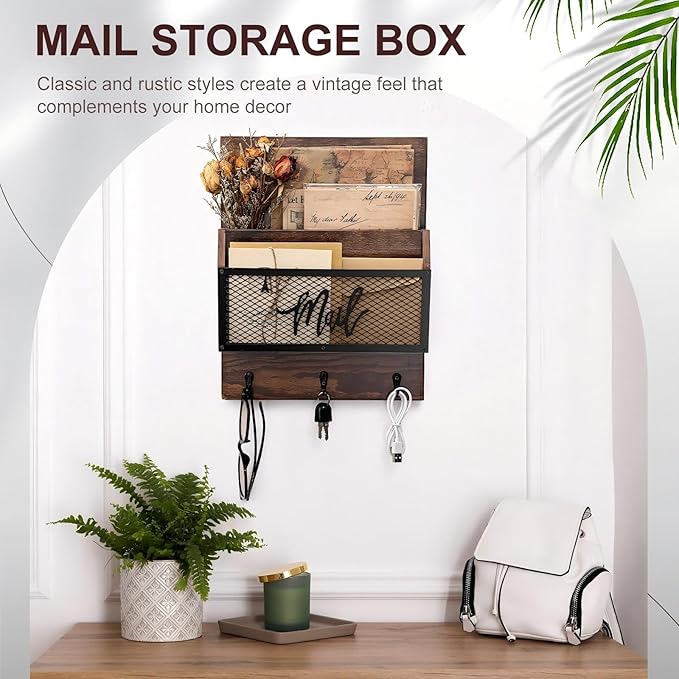 Farmhouse Mail Organizer Wall Mounted Rustic Mail Holder Hanging Key Sorter with 3 Hooks Indoor Wooden Wall Mounted, Letter, Magazines, Newspapers, Keys(Classics,Brown)