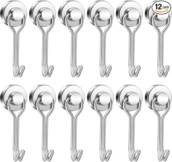 BAVITE Swivel Swing Magnetic Hooks New Upgraded, Refrigerator Magnet Hook,Strong Neodymium Magnets, Perfect for Refrigerator and Other Surfaces, Silver 30lb 12pack