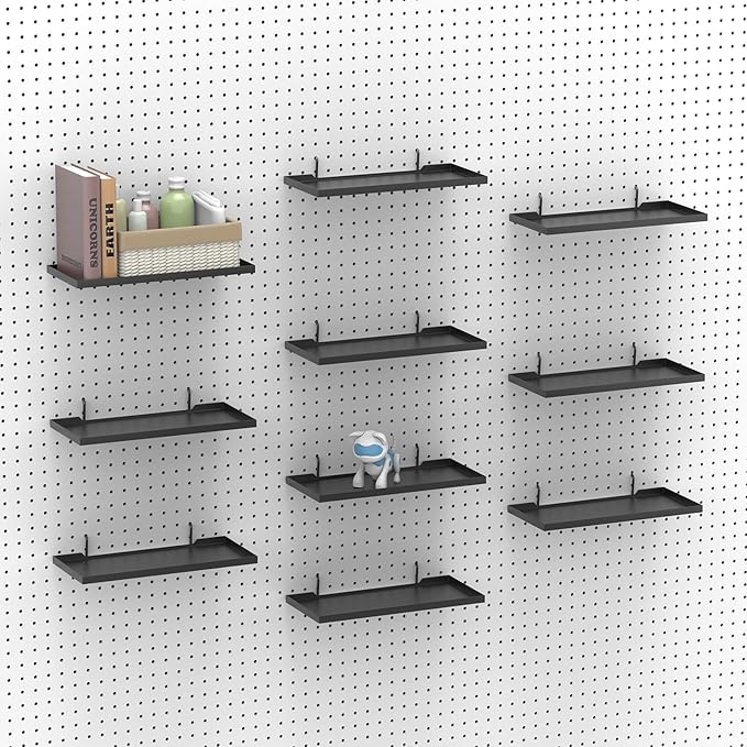 13X6 Inch Pegboard Shelves Set of 10, Metal Peg Board Shelves Accessories, Flat Display Shelves for Pegboard, Metal Retail Display for Storage and Organization, Black
