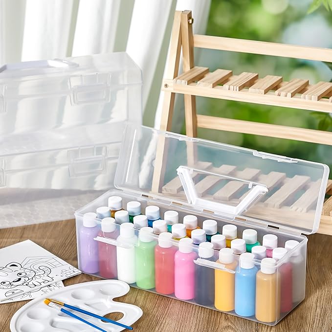2 Pcs Acrylic Paint Storage Box for 2 Fl. oz Acrylic Paints, Portable Craft Art Organizer with Handle, 30 Bottles Capacity Plastic Art Supply Clear Boxes (White)