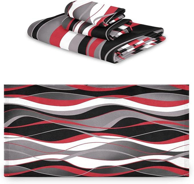 3 Piece Red Black Striped Bath Towels Set,Microfiber Absorbent White Grey Abstract Modern Minimalist Towels for Bathroom,1 Bath Towel,1 Hand Towel,1 Washcloth,Decorative Bathroom Towels