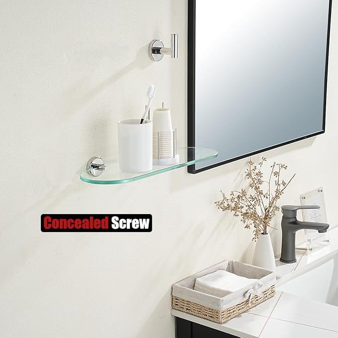 JQK Bathroom Glass Shelf, Floating Tempered Glass Shower Storage 16 by 5 inches, 304 Stainless Steel Polished Chrome Wall Mount 2 Pack, TGS121L16-CH-P2
