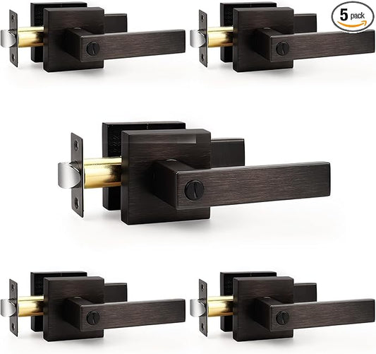 Probrico Bed and Bath Door Locks Interior Heavy Duty Privacy Levers in Oil Rubbed Bronze Modern Square Door Handles Keyless Lockset for Right/Left Handed Doors, 5 Pack