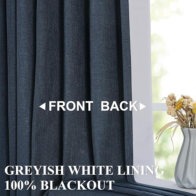 Vision Home Navy Blue Pinch Pleated Full Blackout Curtains Linen Blended Room Darkening Curtain Panels 63 inch for Living Room Bedroom Thermal Insulated Pinch Pleat Drapes with Hooks 40" Wx63 Lx2
